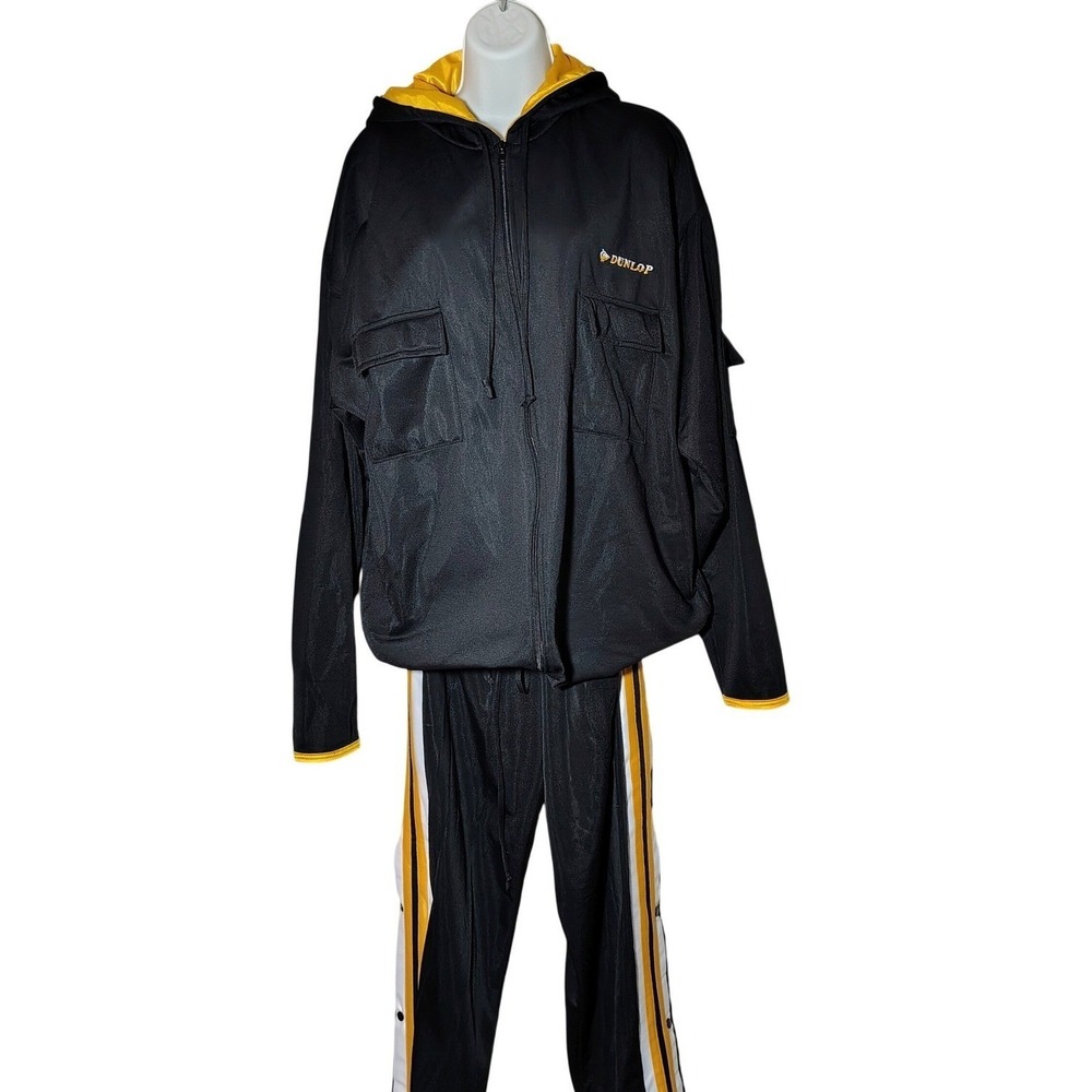 Dunlop Sport Tracksuit Jacket Pants Black  Full Zip Hooded Set XL 90's